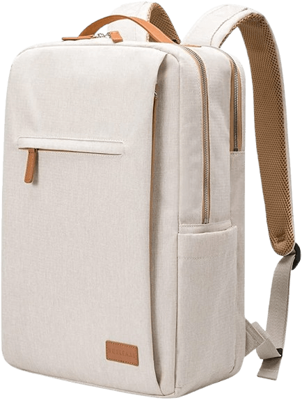 a lady putting a laptop into a brown leather laptop bag