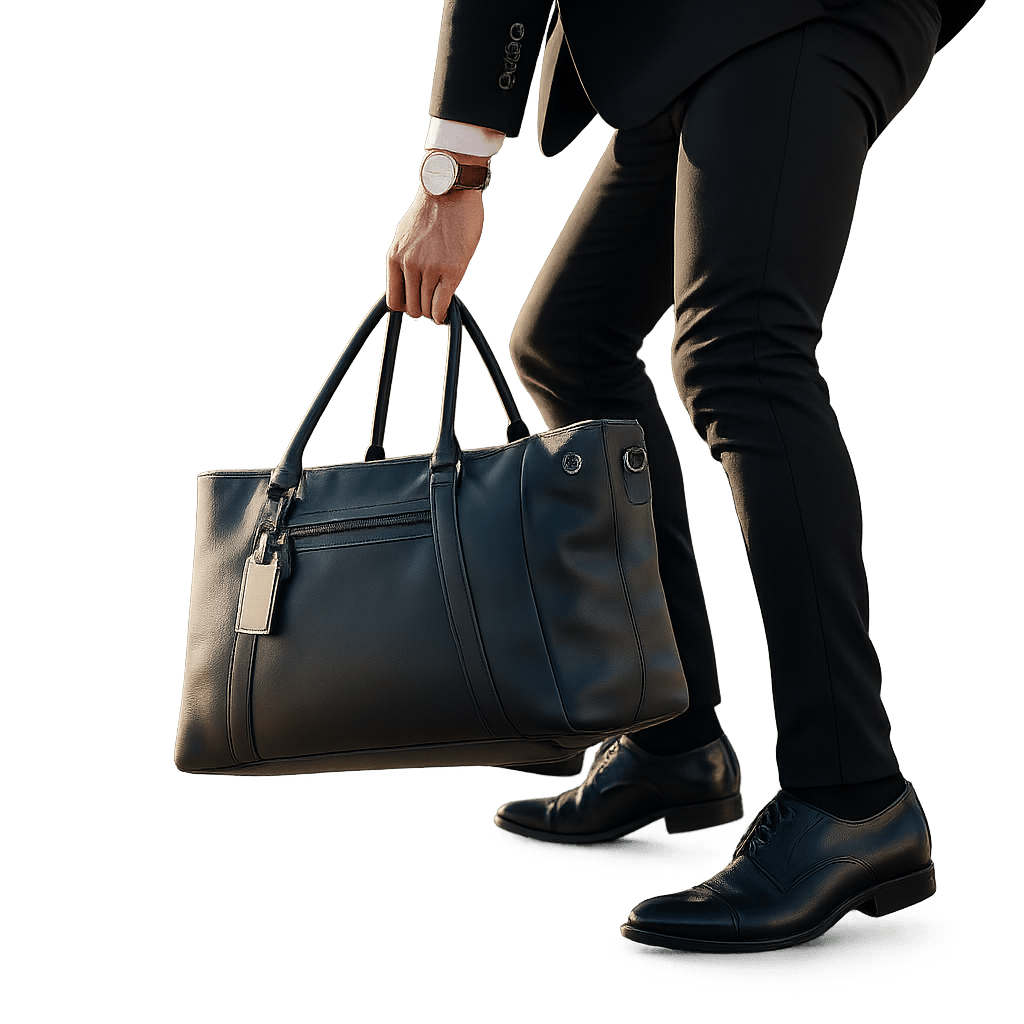 a black man posing with a black luggage back in hand