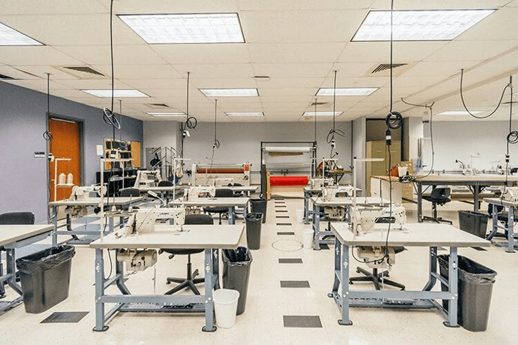 our leather goods factory floor with sewing stations