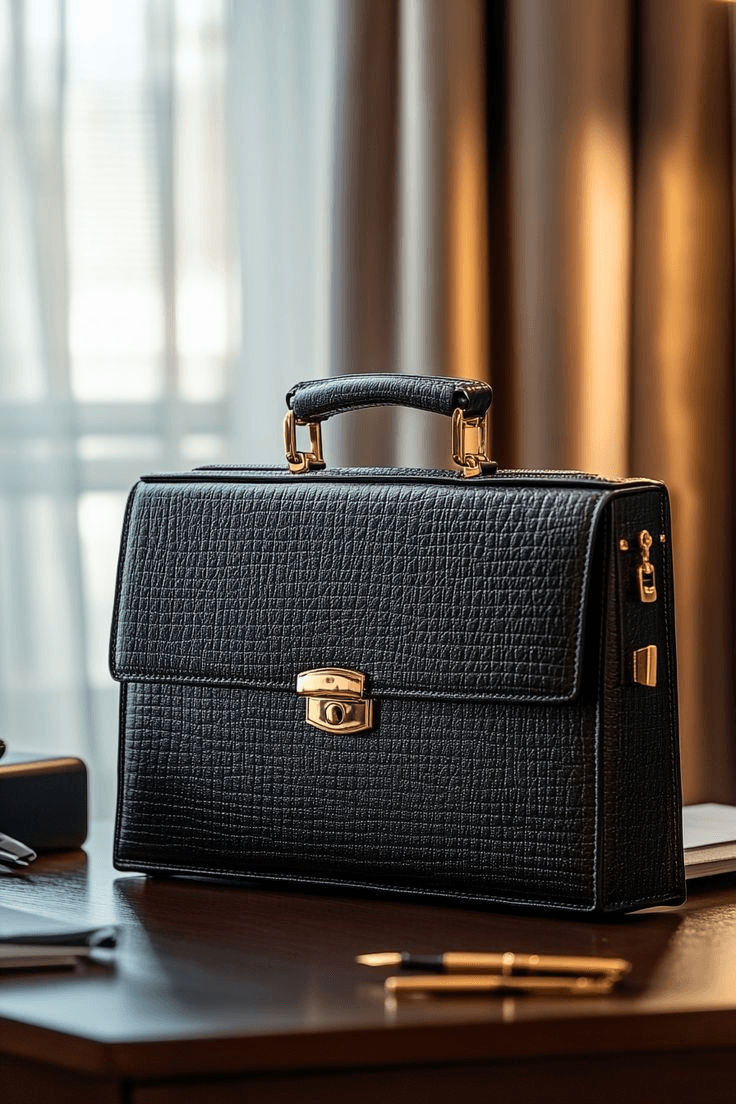 a premium black leather briefcase bag on a desk